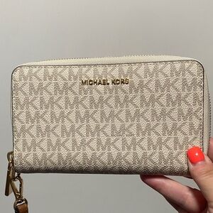 Michael Kors Monogram Zip-Around Wallet with Gold Hardware